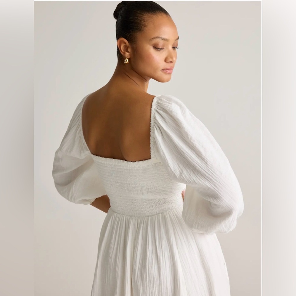QUINCE Organic Cotton Gauze Smocked Square Neck Midi Dress, cream size small - Picture 4 of 11